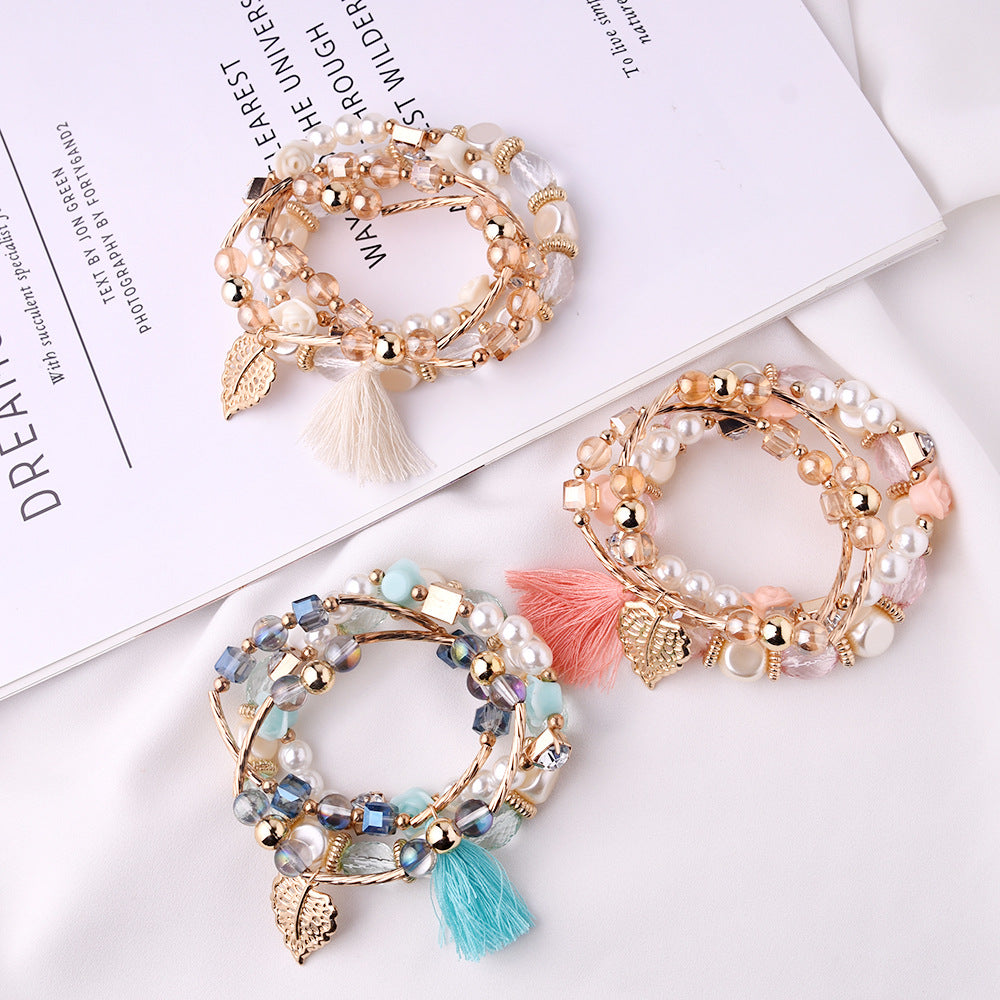 Wholesale Metal Crystal Beads Pearl Flowers Leaves Tassel Multi-layer Braided Bracelet Layered Bracelet Set ACC-BT-Yeb001