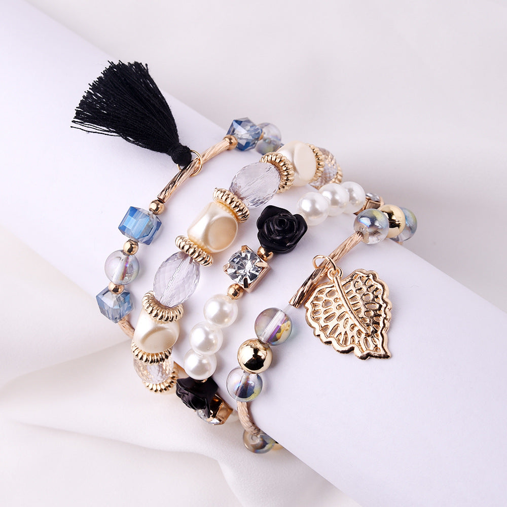 Wholesale Metal Crystal Beads Pearl Flowers Leaves Tassel Multi-layer Braided Bracelet Layered Bracelet Set ACC-BT-Yeb001