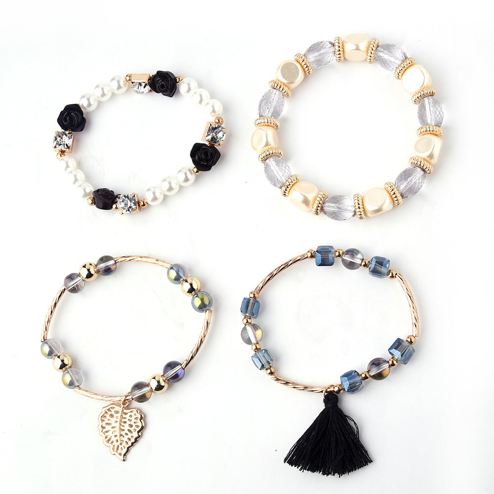 Wholesale Metal Crystal Beads Pearl Flowers Leaves Tassel Multi-layer Braided Bracelet Layered Bracelet Set ACC-BT-Yeb001