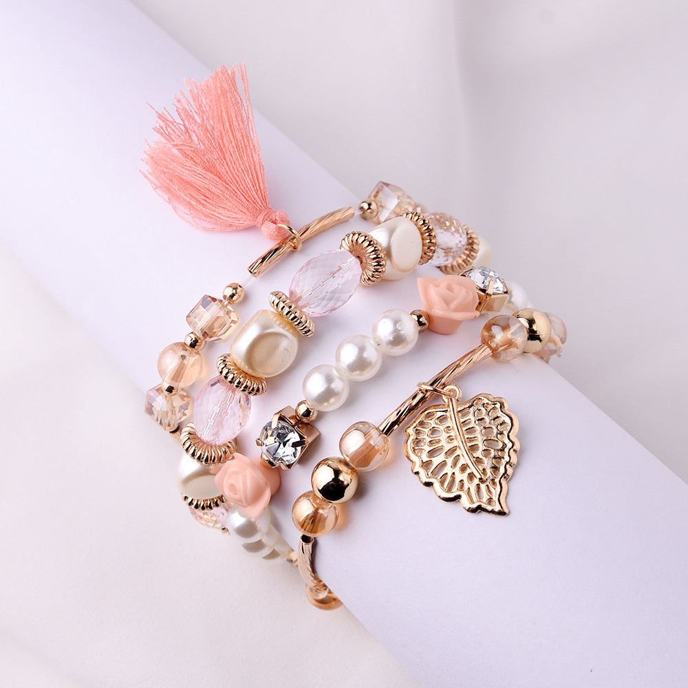 Wholesale Metal Crystal Beads Pearl Flowers Leaves Tassel Multi-layer Braided Bracelet Layered Bracelet Set ACC-BT-Yeb001