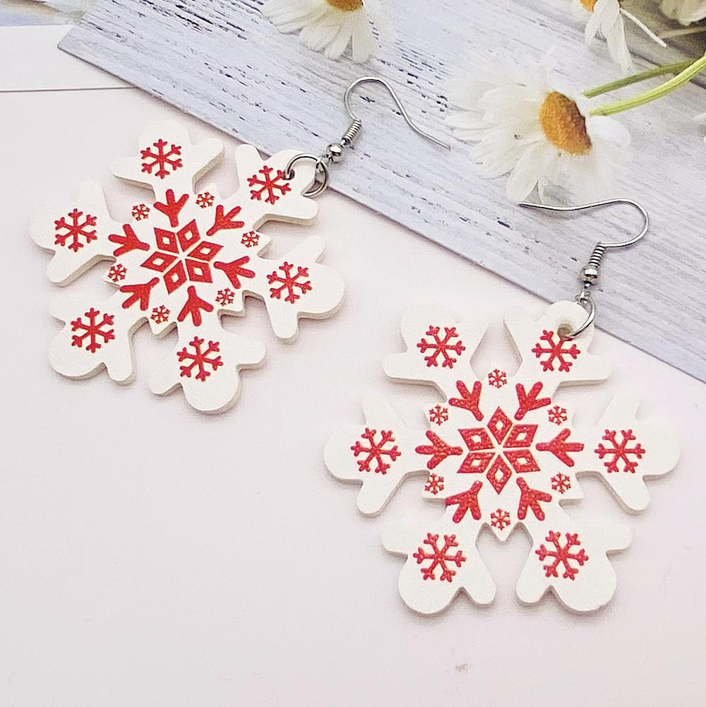 Wholesale  Christmas Earrings Snowflake Double-Sided Printed Pu Leather Earrings