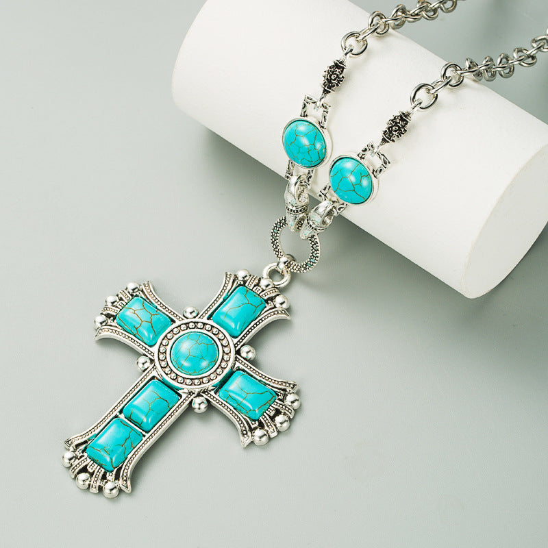 Wholesale Alloy Cross Pendant Necklace Multi-Layer Turquoise Layering Jewelry for Women Boutique Resale