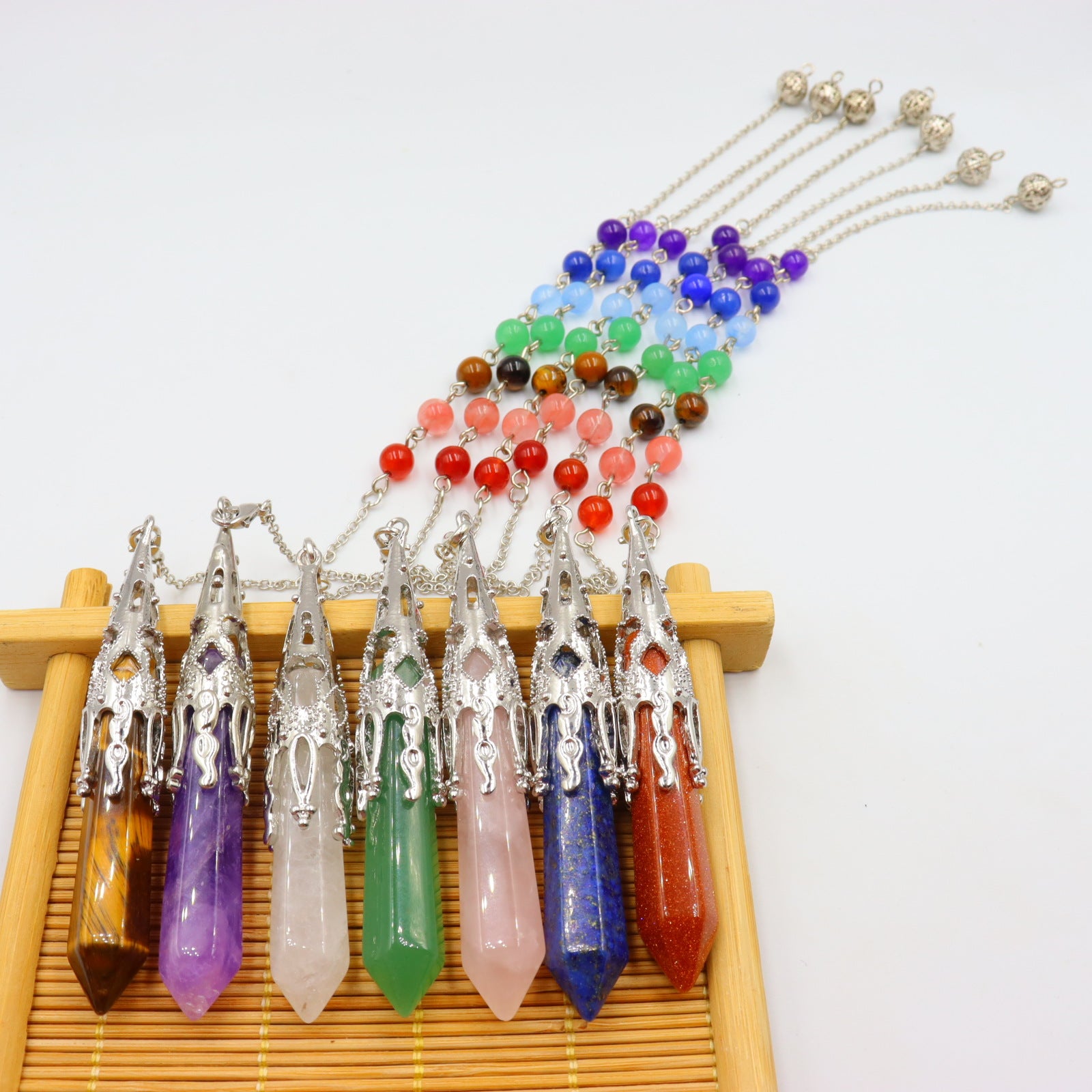 Wholesale Stone Pendant Natural Hexagonal Column Pendulum Raw Stone Seven Color Beads Crystal Necklaces ACC-NE-XingYue003