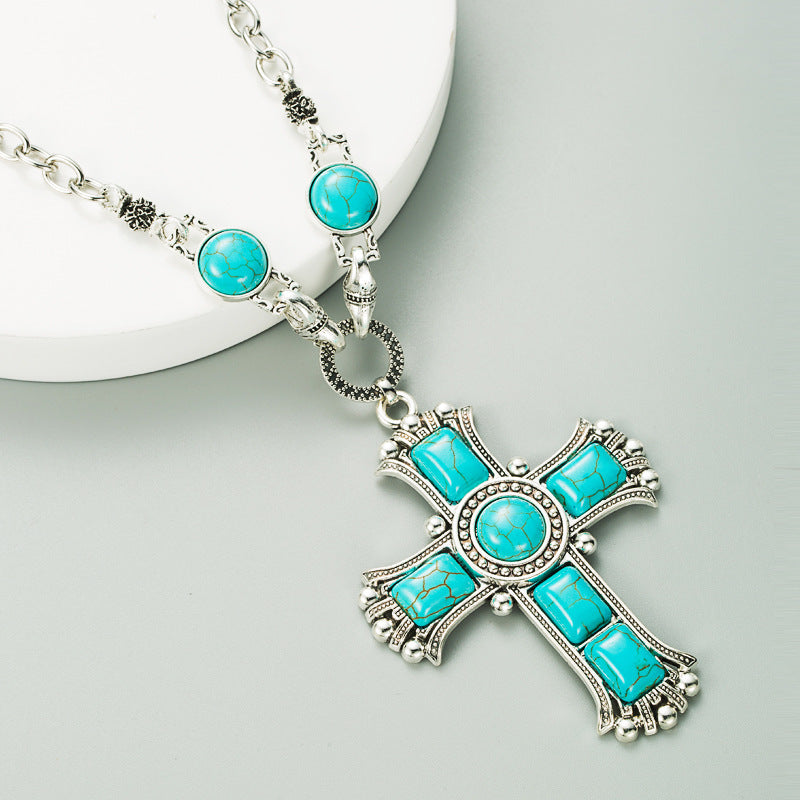 Wholesale Alloy Cross Pendant Necklace Multi-Layer Turquoise Layering Jewelry for Women Boutique Resale