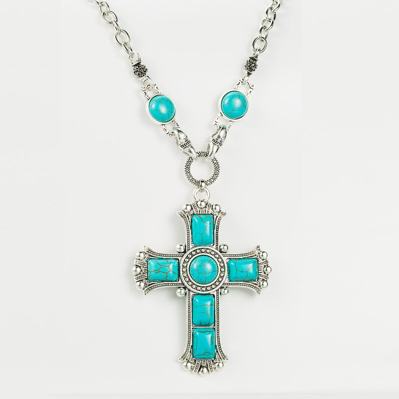 Wholesale Alloy Cross Pendant Necklace Multi-Layer Turquoise Layering Jewelry for Women Boutique Resale