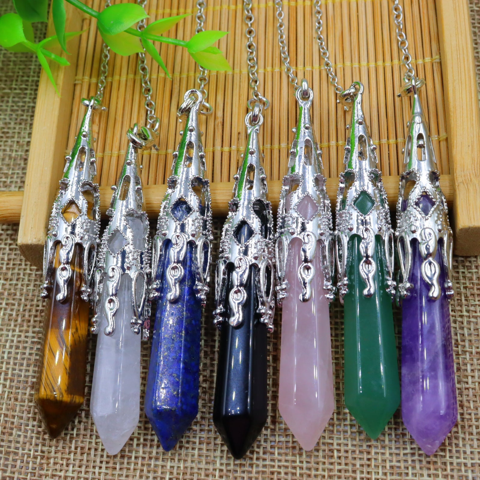 Wholesale Stone Pendant Natural Hexagonal Column Pendulum Raw Stone Seven Color Beads Crystal Necklaces ACC-NE-XingYue003
