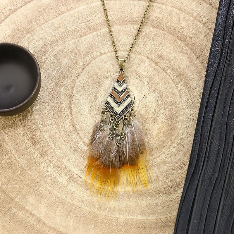 Wholesale Retro Feather Tassel Necklace Alloy Handmade Long Chain Layering Jewelry Fashion Accessory