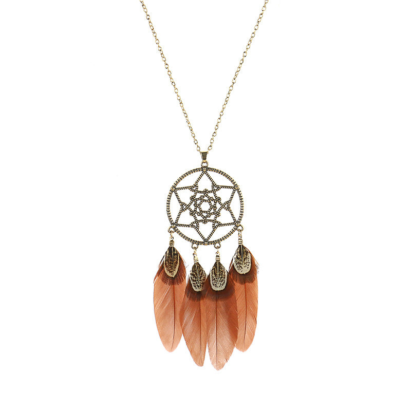 Wholesale Retro Feather Tassel Necklace Alloy Handmade Long Chain Layering Jewelry Fashion Accessory