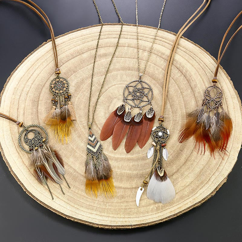 Wholesale Retro Feather Tassel Necklace Alloy Handmade Long Chain Layering Jewelry Fashion Accessory