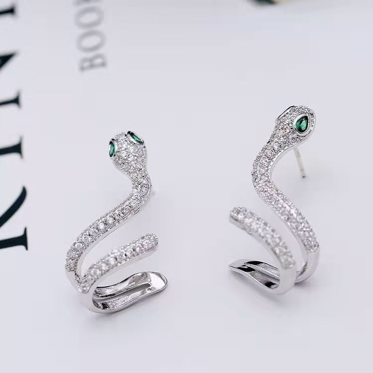 Wholesale exaggerated micro-inlaid zircon metal texture snake earrings