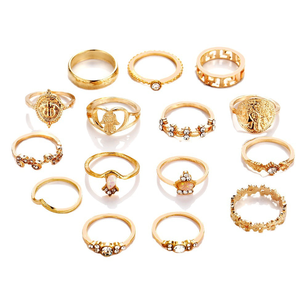 Wholesale Vintage diamond-encrusted cross and flower ring set ( 15 pieces)