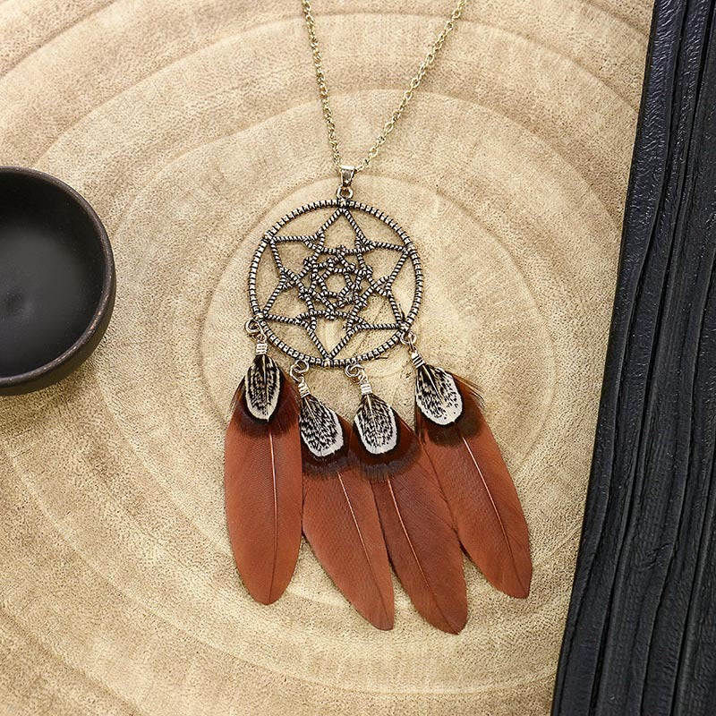 Wholesale Retro Feather Tassel Necklace Alloy Handmade Long Chain Layering Jewelry Fashion Accessory