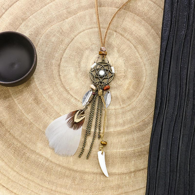 Wholesale Retro Feather Tassel Necklace Alloy Handmade Long Chain Layering Jewelry Fashion Accessory