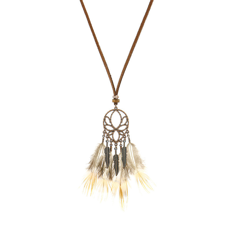 Wholesale Retro Feather Tassel Necklace Alloy Handmade Long Chain Layering Jewelry Fashion Accessory