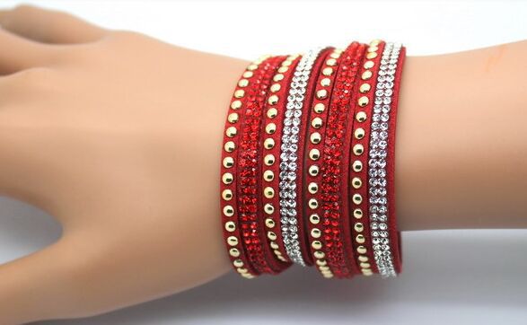 Wholesale Leather and velvet double cross bracelet with rhinestones