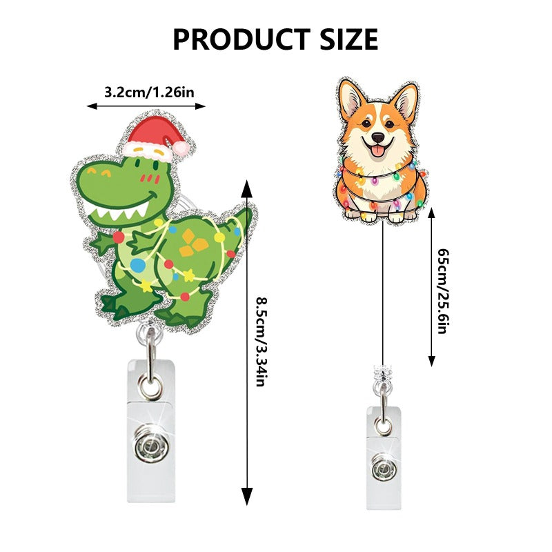 Wholesale Acrylic Christmas Lights Dog Dinosaur Black Cat Retractable Rotating Badge Keychain ACC-KC-QiDing029