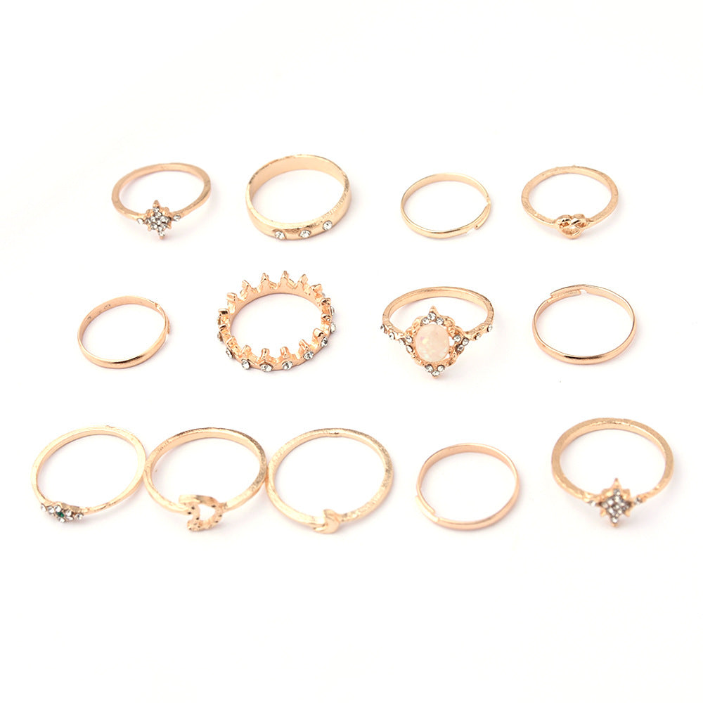Wholesale  Retro Protein Diamond Star Moon Joint Ring 13-piece Set