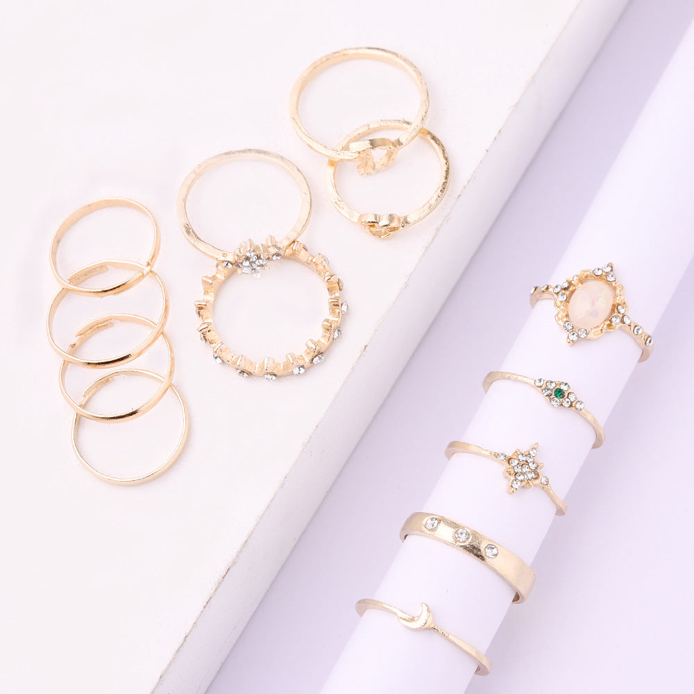 Wholesale  Retro Protein Diamond Star Moon Joint Ring 13-piece Set