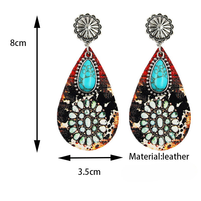 Wholesale Drop-shaped Leather Turquoise Pendant Retro Ethnic Style Western Bohemian Earrings ACC-ES-Mijun006