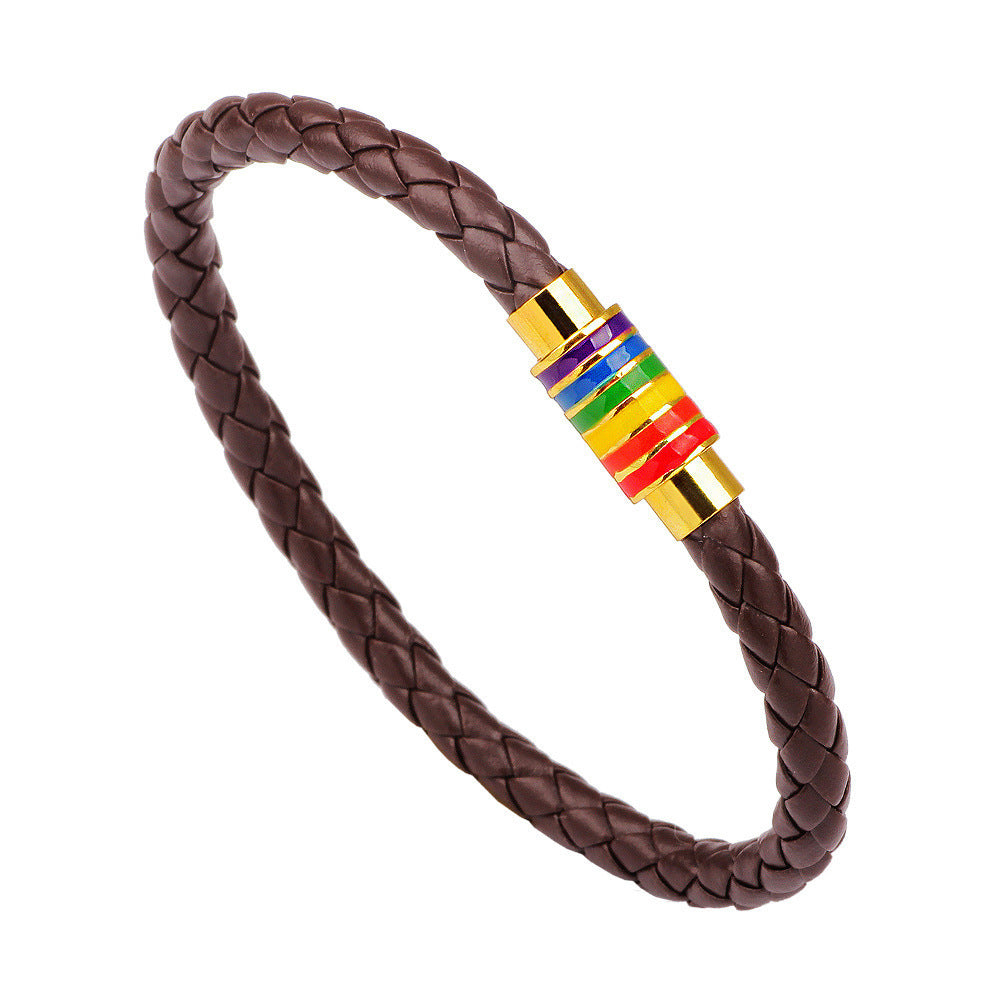 Wholesale Rainbow Magnet Buckle Genuine Leather Bracelet Braided ACC-BT-Pufei003