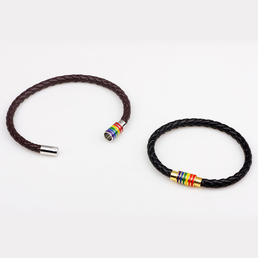 Wholesale Rainbow Magnet Buckle Genuine Leather Bracelet Braided ACC-BT-Pufei003