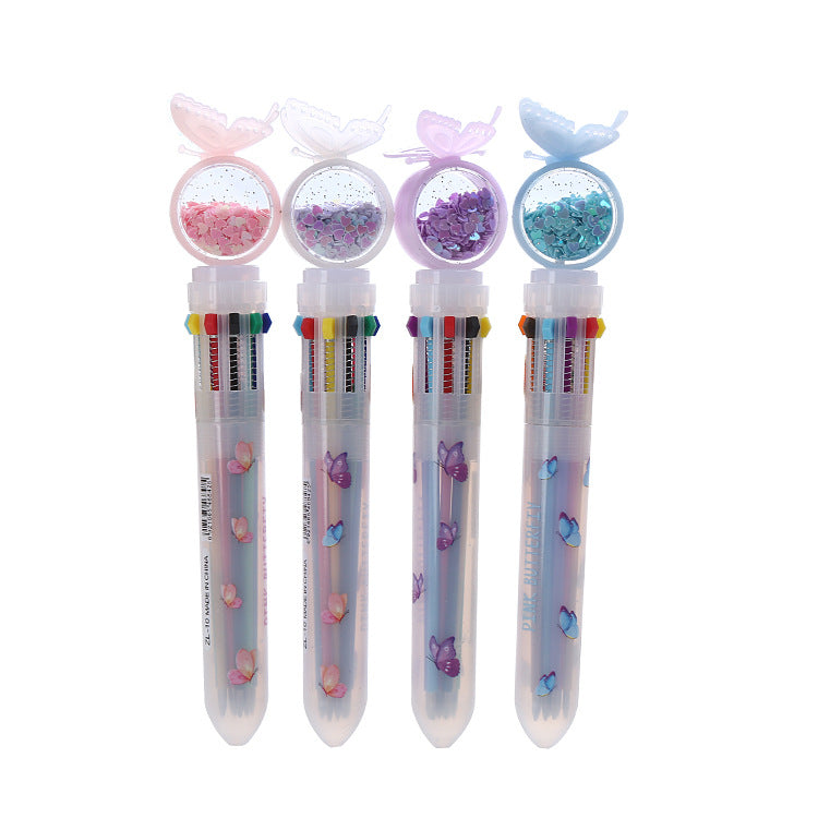 Wholesale cute butterfly sequins ten color pen cartoon girl heart color pen student ballpoint pen