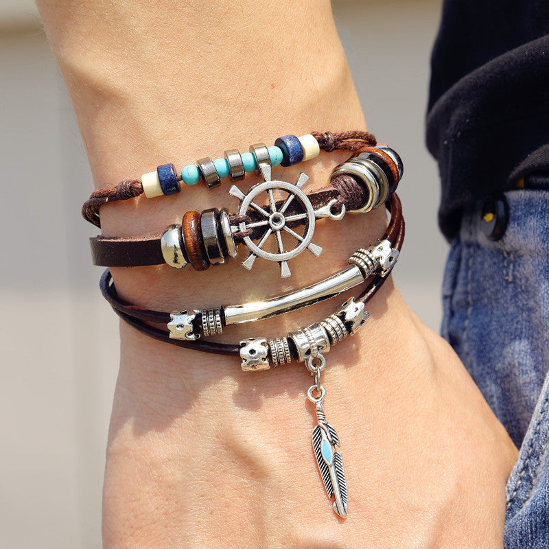 Wholesale Turquoise Multi-layer Leather Men's Bracelet ACC-BT-HanSJ004