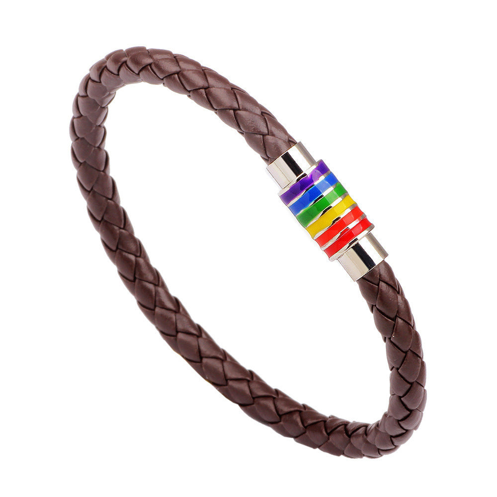 Wholesale Rainbow Magnet Buckle Genuine Leather Bracelet Braided ACC-BT-Pufei003