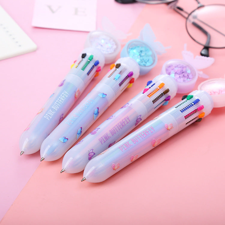 Wholesale cute butterfly sequins ten color pen cartoon girl heart color pen student ballpoint pen