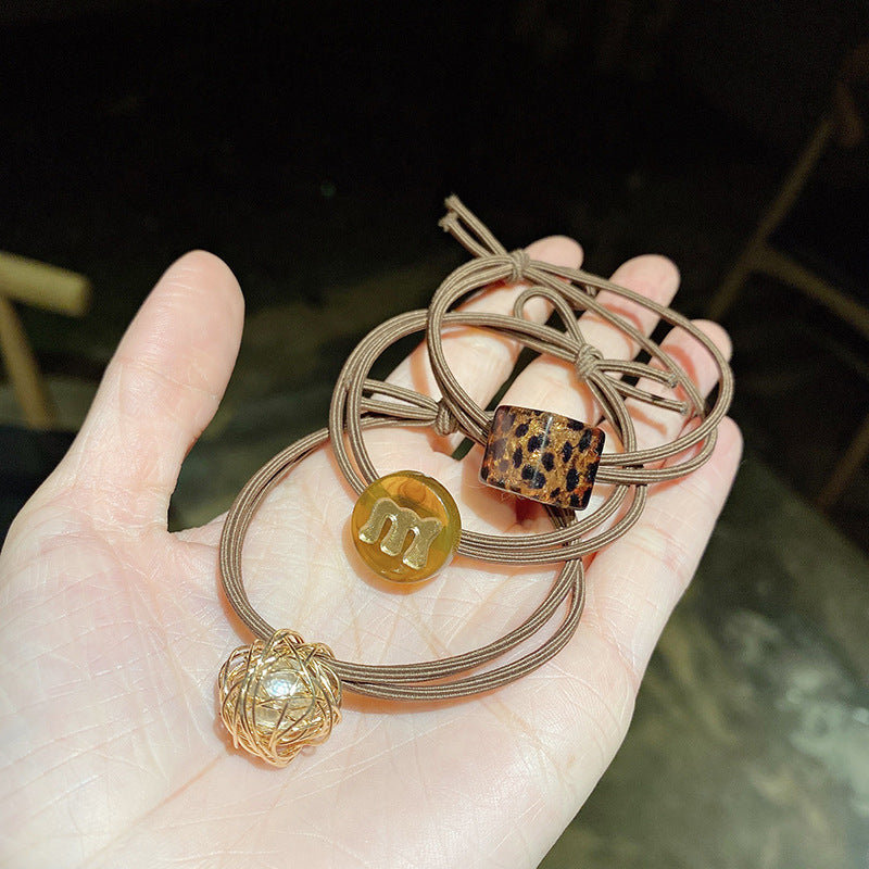 Wholesale Hair Band Hollow Pearl Small Rubber Band Leopard Print Headband Hair Scrunchies ACC-HS-Huidi010