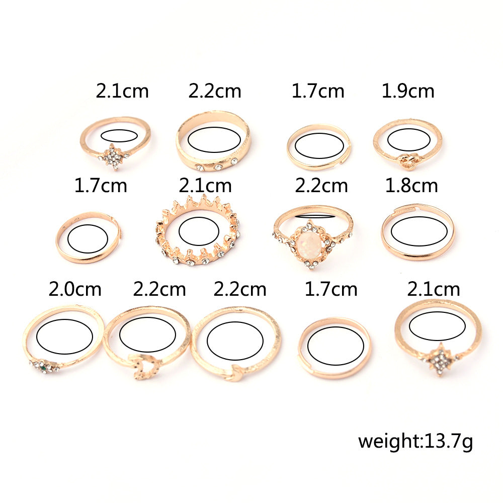 Wholesale  Retro Protein Diamond Star Moon Joint Ring 13-piece Set