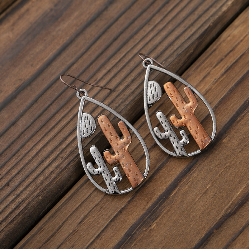 Wholesale Chic Two Tone Cactus Teardrop Earrings Retro Western Hollow Out Metal Jewelry Accessory