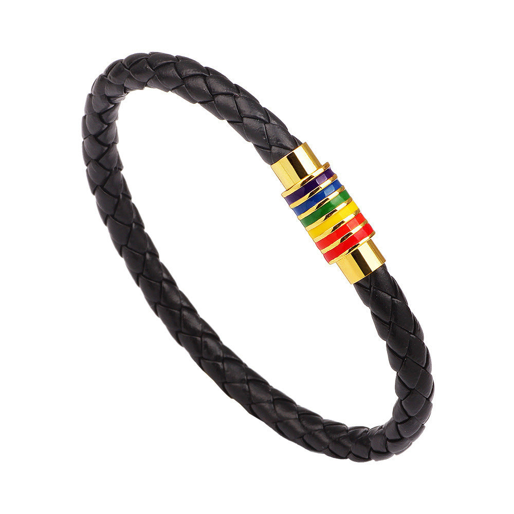 Wholesale Rainbow Magnet Buckle Genuine Leather Bracelet Braided ACC-BT-Pufei003