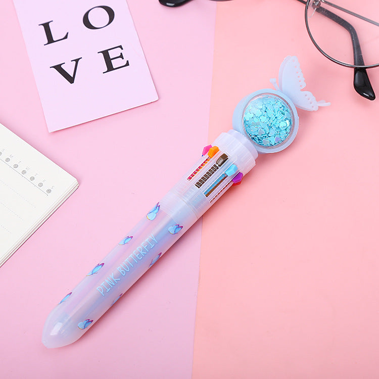 Wholesale cute butterfly sequins ten color pen cartoon girl heart color pen student ballpoint pen