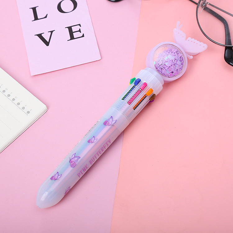 Wholesale cute butterfly sequins ten color pen cartoon girl heart color pen student ballpoint pen