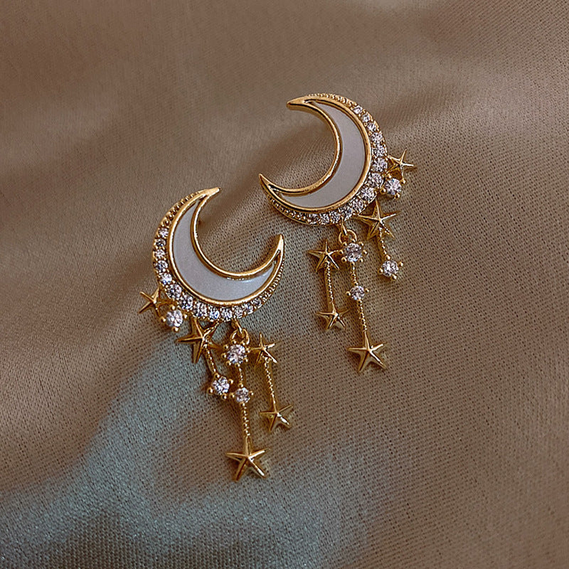 Wholesale Moon tassel rhinestone earrings  irregular pearl earrings