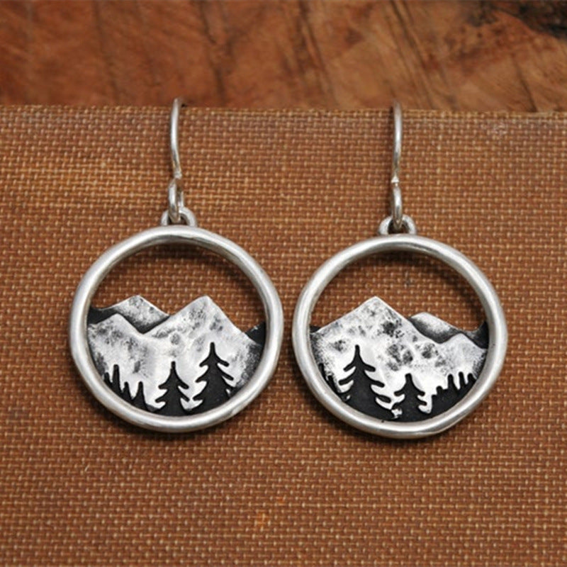 Wholesale Vintage Silver Tone Circular Mountain Hollow Drop Earrings Fashion Jewelry Accessory Gift