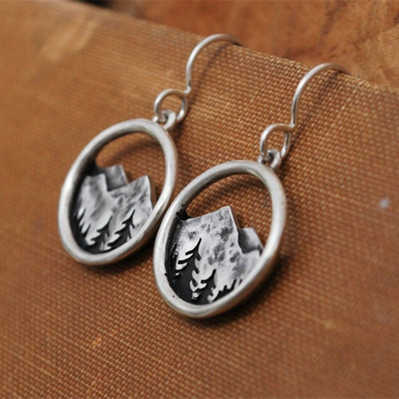 Wholesale Vintage Silver Tone Circular Mountain Hollow Drop Earrings Fashion Jewelry Accessory Gift