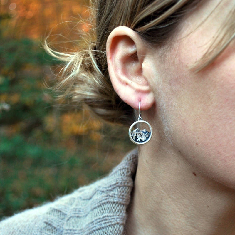 Wholesale Vintage Silver Tone Circular Mountain Hollow Drop Earrings Fashion Jewelry Accessory Gift