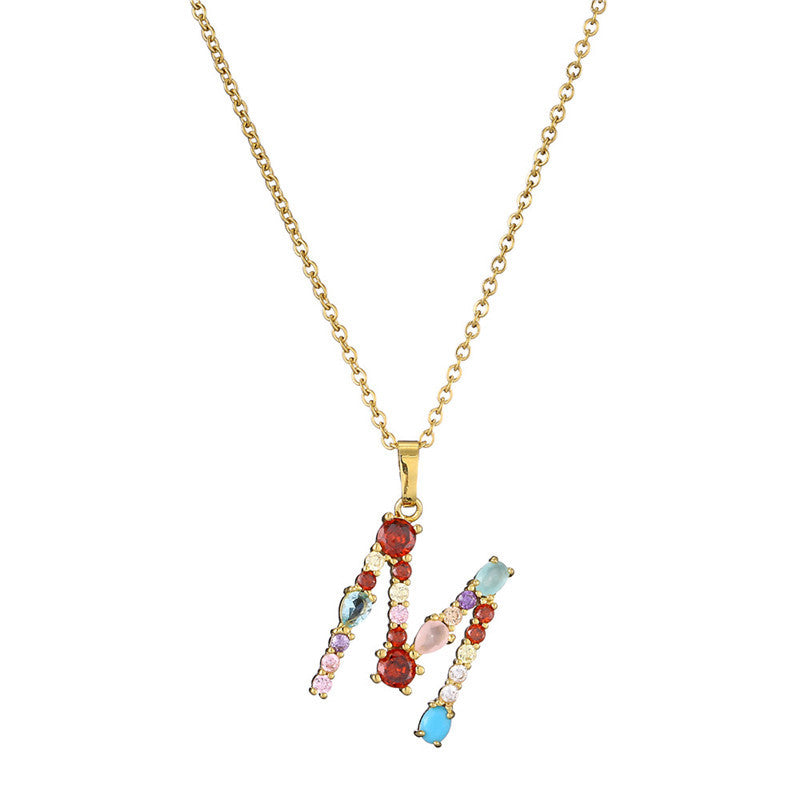 Wholesale 26 English Letters Mixed Color Gemstone Necklace ACC-NE-AoGu007