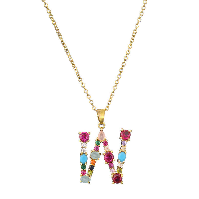 Wholesale 26 English Letters Mixed Color Gemstone Necklace ACC-NE-AoGu007