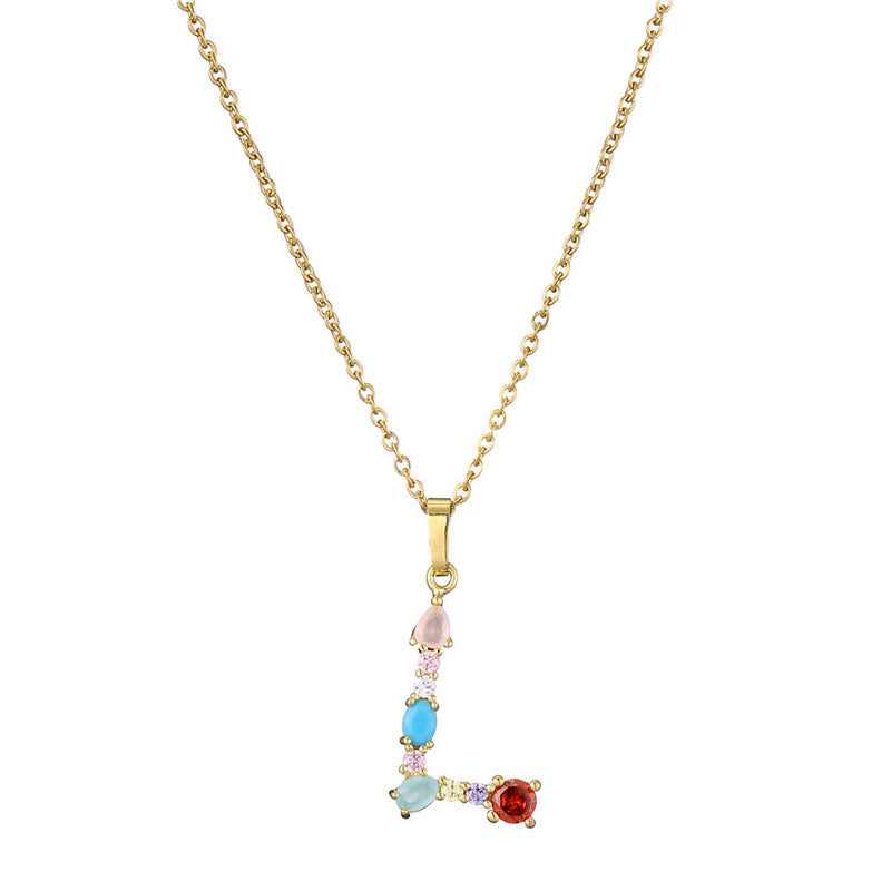 Wholesale 26 English Letters Mixed Color Gemstone Necklace ACC-NE-AoGu007