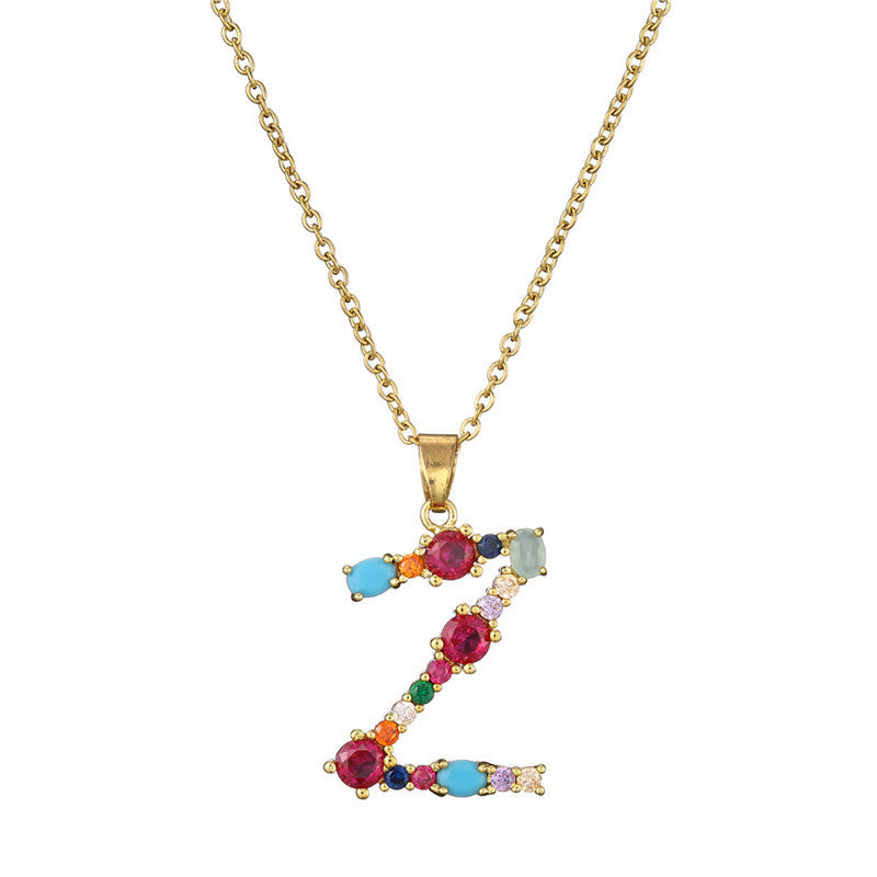 Wholesale 26 English Letters Mixed Color Gemstone Necklace ACC-NE-AoGu007