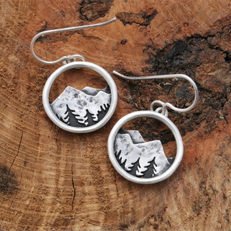 Wholesale Vintage Silver Tone Circular Mountain Hollow Drop Earrings Fashion Jewelry Accessory Gift