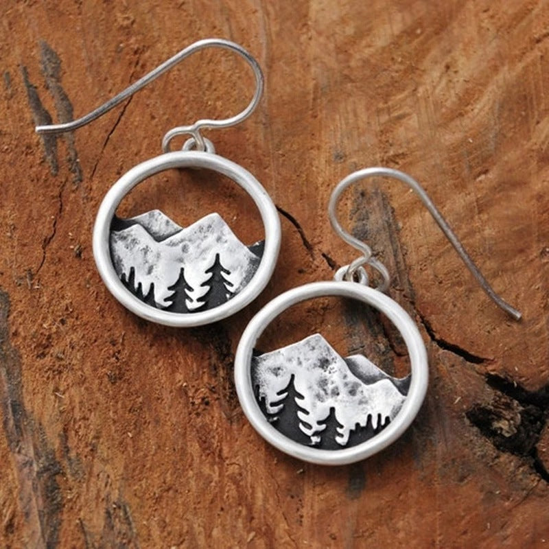 Wholesale Vintage Silver Tone Circular Mountain Hollow Drop Earrings Fashion Jewelry Accessory Gift
