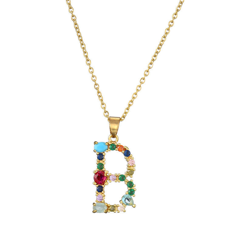 Wholesale 26 English Letters Mixed Color Gemstone Necklace ACC-NE-AoGu007