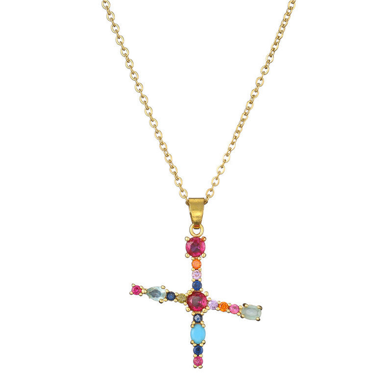 Wholesale 26 English Letters Mixed Color Gemstone Necklace ACC-NE-AoGu007