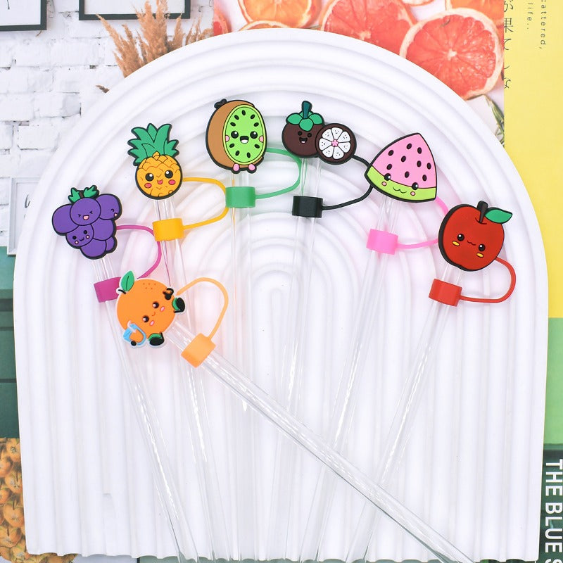 Wholesale Random 100pcs Cartoon Fruit 10mm PVC Soft Straw Tube Cap ACC-SCR-RYY119