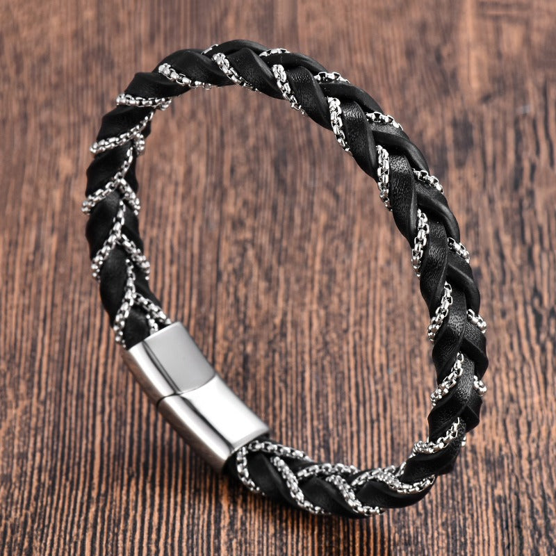 Wholesale Black Leather Cord Men's Double Layer Stainless Steel Bracelet ACC-BT-OSD001