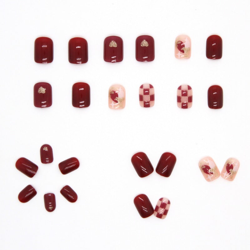 Wholesale  24pcs/box  Red Sweetheart Whitening Checkerboard Nail Stickers ACC-NS-QiHeng006